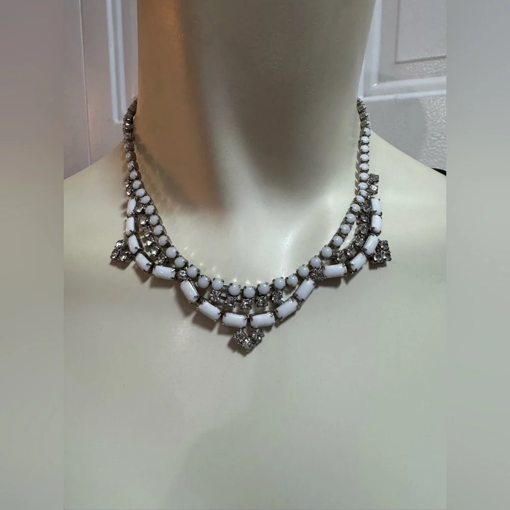Vintage Milk Glass Rhinestone Bib Necklace Mid Century - Bridal, Formal, Prom